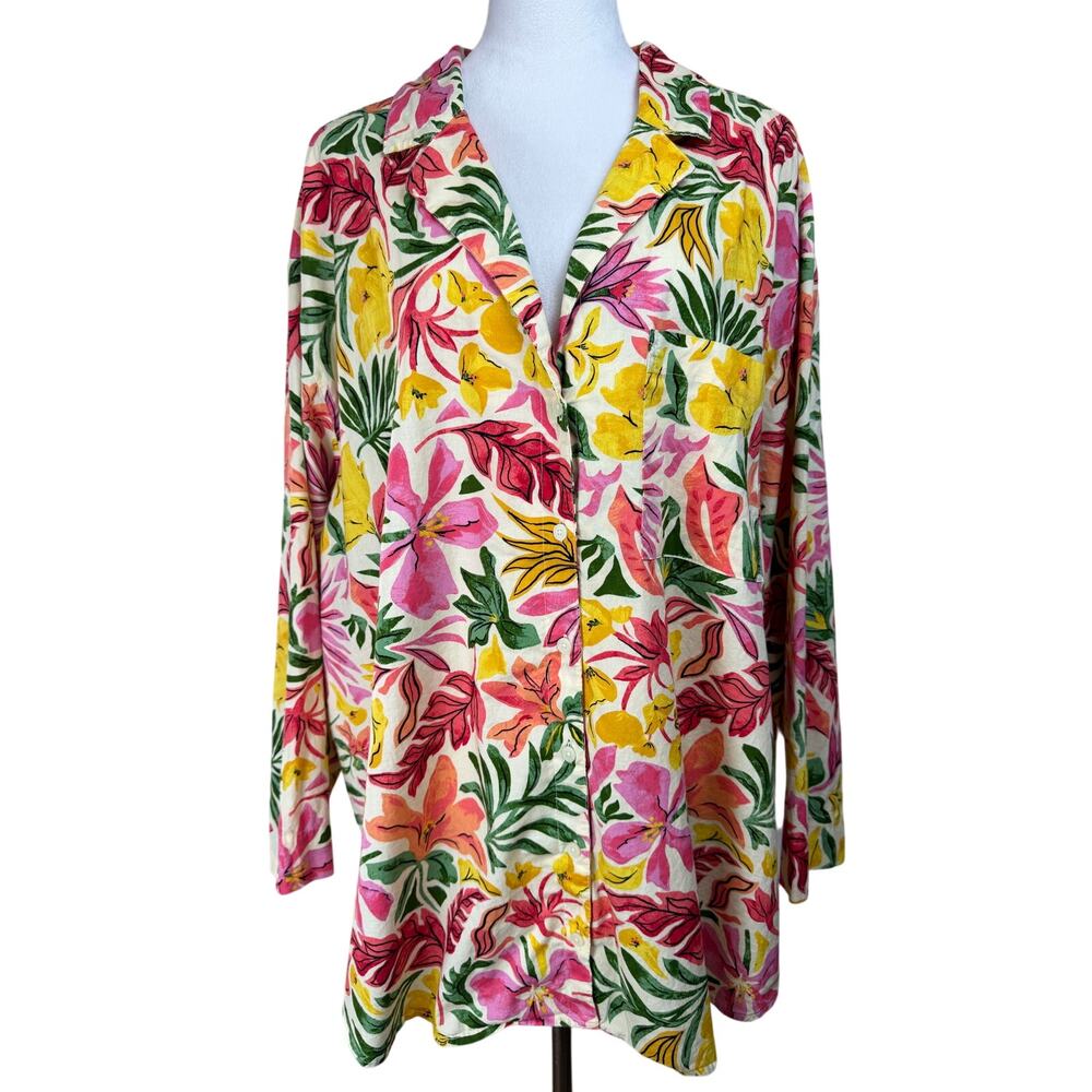 Old Navy Women's Tunic‎ Top Plus Sz 3X Button Up Long Sleeves Hawaiian Print